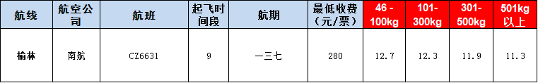 10月28號廣州到榆林空運價格